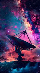 An artistic depiction of a giant radiotelescope silhouetted against a mesmerizing cosmos painted in vivid hues of the universe
