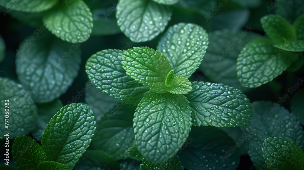 Wall mural mint leaves covered in dewdrops.