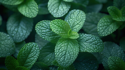 mint leaves covered in dewdrops. - obrazy, fototapety, plakaty