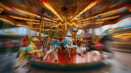 Carousel Joy Detailed photographs of carousels in motion using intentional blur to capture the whimsy and nostalgia of these classic amusement park  AI generated illustration