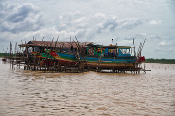 Floating homes on Tonle Sap Lake - Largest fresh water lake in Cambodia at Siem Reap, Cambodia, Asia