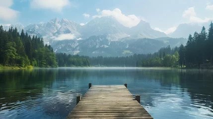Foto op Plexiglas a wooden path to calm lake, landscape nature photo and mountain background. © Penatic Studio