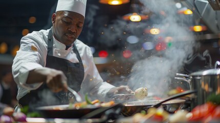 Culinary Creations Cinematic shots of cooking demonstrations and culinary competitions showcasing chefs culinary skills and gastronomic creations on AI generated illustration