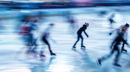 Dynamic Ice Skating Detailed photographs of ice skaters gliding across ice rinks with blurred motion conveying the elegance and fluidity of their mo  AI generated illustration