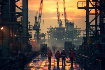 A bustling shipyard at dawn. Workers in hard hats and high-visibility jackets move purposefully among the giant cranes and stacks of shipping containers