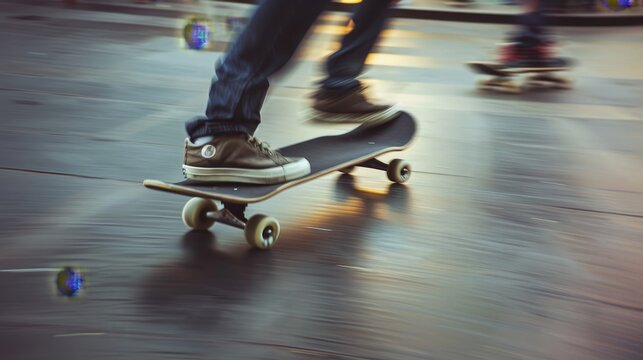 Dynamic Skateboarding Cinematic shots of skateboarders in action with blurred motion highlighting their tricks and maneuvers  AI generated illustration