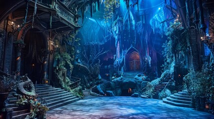 Immersive Set Design Detailed photographs of elaborate set designs and stage backdrops transporting the audience to fantastical worlds and immersive  AI generated illustration