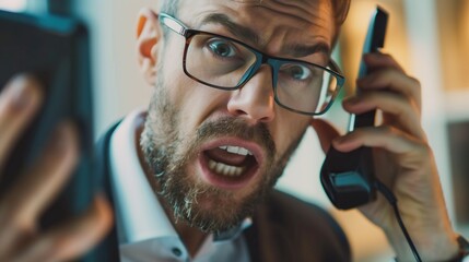 Man banker calling client nervous conversation in office closeup