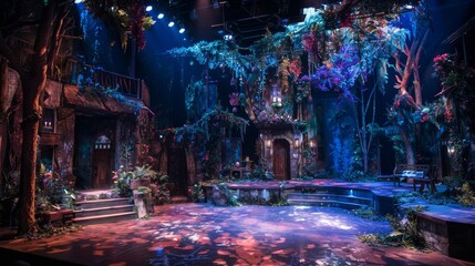 Immersive Set Design Detailed photographs of elaborate set designs and stage backdrops transporting the audience to fantastical worlds and immersive  AI generated illustration