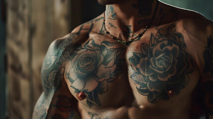 An artistic image showcasing a male's chest and arms fully covered in elaborate black and blue flower tattoos, showcasing a modern tattoo style - obrazy, fototapety, plakaty