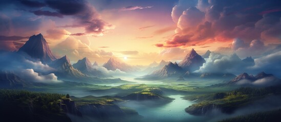 An art piece depicting a natural landscape with mountains, a river, and a colorful sunset sky filled with cumulus clouds and a warm afterglow - obrazy, fototapety, plakaty