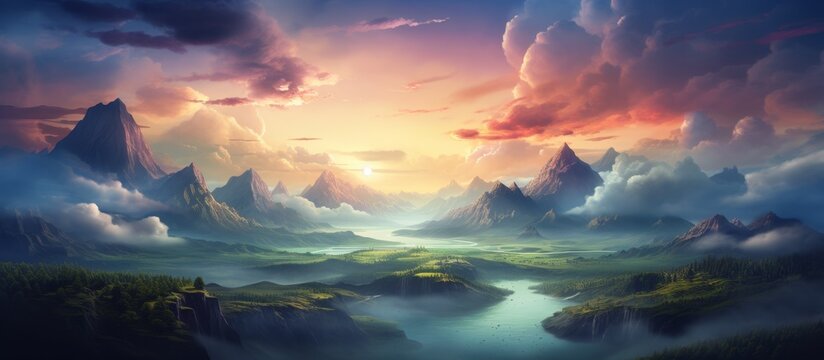 An art piece depicting a natural landscape with mountains, a river, and a colorful sunset sky filled with cumulus clouds and a warm afterglow
