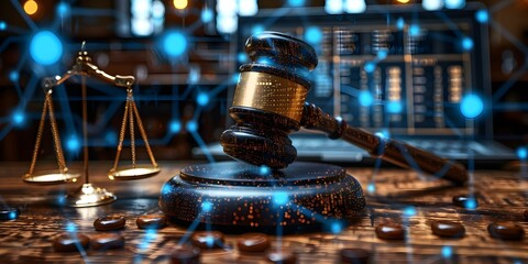 The Intersection of Law and Technology: A Laptop Gavel and Legal Icons on a Table. Concept Law and Technology, Laptop Gavel, Legal Icons, Table Setting - obrazy, fototapety, plakaty