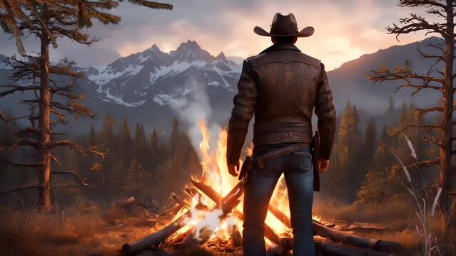 Cowboy with campfire in the forest. Seamless looping time-lapse 4k video animation background