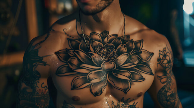 A striking image capturing the full frontal view of a man's upper body showcasing a bold, monochrome floral tattoo on his chest