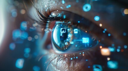 A closeup of an eye with digital icons floating around it, representing the use and capture of data being analyzed in real time - obrazy, fototapety, plakaty