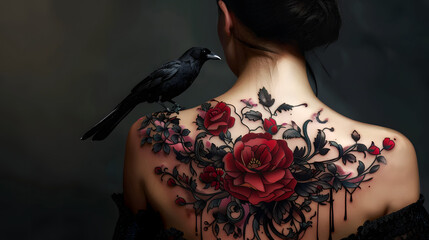 Stunning image showing a detailed tattoo of roses and thorns with a crow perched on the woman's shoulder, evoking mystery