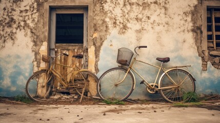Two bicycles were parked on the side of the road and propped against the wall of the building