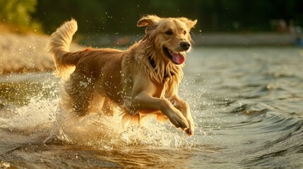 A golden retriever running in the water,generated with ai