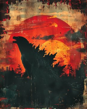 A godzilla poster, in the style of mid century modern,generated with ai