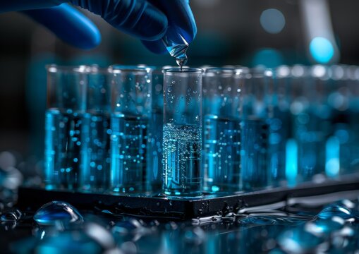 A hand in blue gloves holds a test tube with liquid and a row of glass beakers on a white background, in a closeup photo of laboratory equipment for science research or development,generated with AI