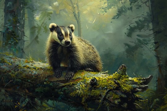Oil painting of a badger next to a moss covered fallen log in a green misty forest, generated with ai