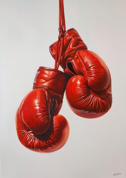 A painting of two boxing gloves hanging in the air, in the style of photorealist, generated with ai