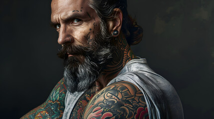 A tattooed man with a full beard and extensive body ink stares seriously at the camera on a dark background - obrazy, fototapety, plakaty