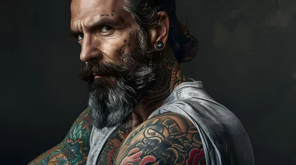 Foto op Aluminium A tattooed man with a full beard and extensive body ink stares seriously at the camera on a dark background © Reiskuchen