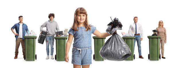 Little girl with a waste bag and people standing next to trash cans behind - obrazy, fototapety, plakaty