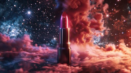 A single lipstick floats in space, dark backdrop of the cosmos, generated with AI - obrazy, fototapety, plakaty