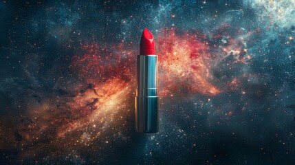 A single lipstick floats in space, dark backdrop of the cosmos, generated with AI - obrazy, fototapety, plakaty