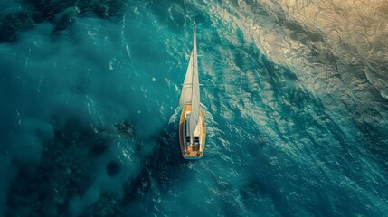 A small sailboat in the middle of an ocean,  taken from above, generated with AI - obrazy, fototapety, plakaty