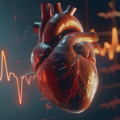 3D heart diagram with ECG graph, visualizing the concept of heart activity and potential heart attack.