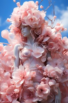 Female mannequin in a floral outfit against a blue sky.