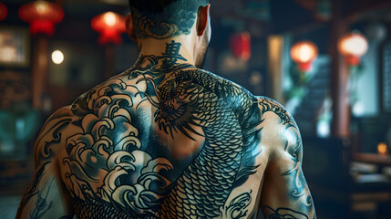 Highly detailed image showing a powerful dragon tattoo covering a man's back, with oriental lanterns in the background