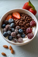 Healthy bowl of fruits and yogurt small energy balls (food) with cocoa flavour in the bowl, only three,generated with AI