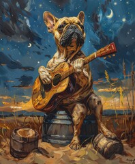 A bulldog playing guitar outdoors under the stars, generated with AI