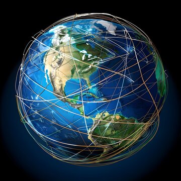 3D rendered concept of a globe for Earth network and business communication, emphasizing international connections, cyberspace, and technology data transfer in a NASA-inspired design.