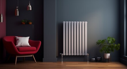 photo depicting modern white metal column radiators with large borders for heating in the interior of a modern living room, including a grey armchair, vase, wooden floor, and blue walls near a window