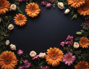 Fototapeta premium A beautiful arrangement of bright flowers creating a natural frame with a dark space in the center. copy space. Flat lay, top view