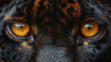 Close-up of a tiger's eyes with orange eyes and dark fur - obrazy, fototapety, plakaty