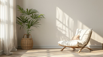  Modern interior design of a living room with a wooden armchair and plant in a wicker basket on a light beige wall, with natural sunlight coming through the window.