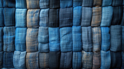 A stack of stacked blue denim pants with visible seams and different shades of denim