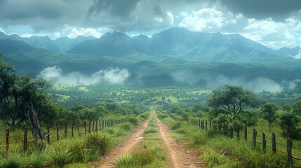 Bpanoramic view, a dirt road with abundant vegetation on each side, divided by fences made of wooden poles and barbed wire, generated with ai