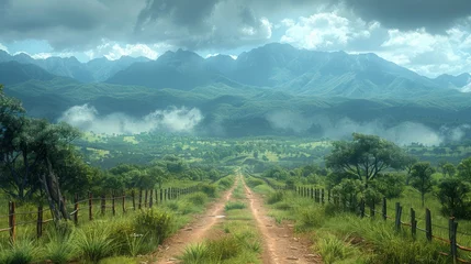 Foto op Canvas Bpanoramic view, a dirt road with abundant vegetation on each side, divided by fences made of wooden poles and barbed wire, generated with ai © sch_ai