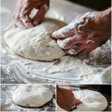 Close-up shots of pizza dough preparation process, highlighting the hands-on nature of the process through images of kneading and stretching dough on a floured surface.