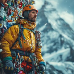 Cinema feel of alpinist wearing yellow and red climbing mount everest of plastic waste,generated with ai - obrazy, fototapety, plakaty
