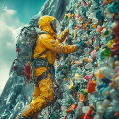 Cinema feel of alpinist wearing yellow and red climbing mount everest of plastic waste,generated with ai - obrazy, fototapety, plakaty