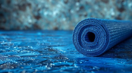Close up of a blue yoga mat rolled up on a premium gym floor,generated with ai - obrazy, fototapety, plakaty